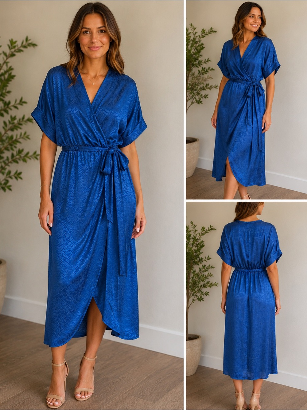 Callahan Knitwear Blue Satin Wrap Midi Dress XS Textured Tie Waist NWT